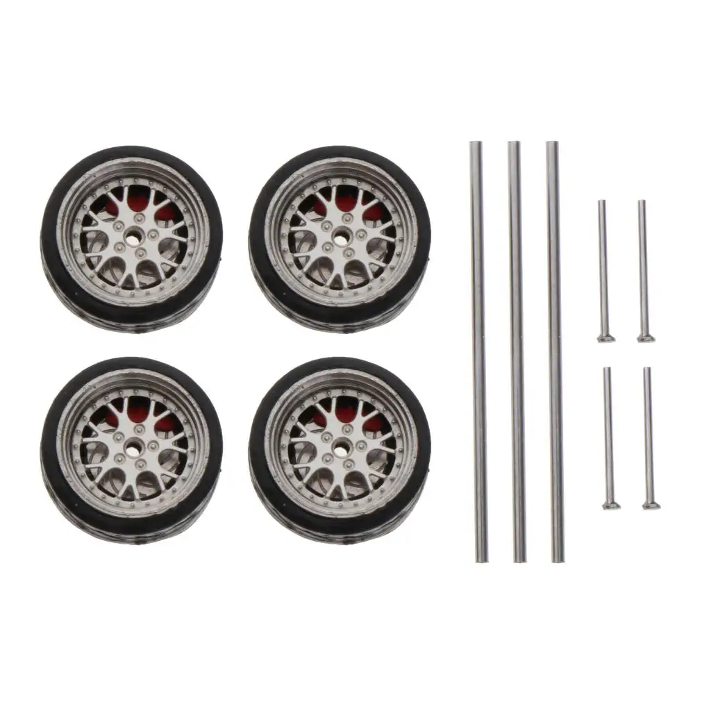 4pcs 1/64 Scale RC Model Car Rubber Tires with Axles and 5 End Cap Kids Electoric Toys DIY Parts