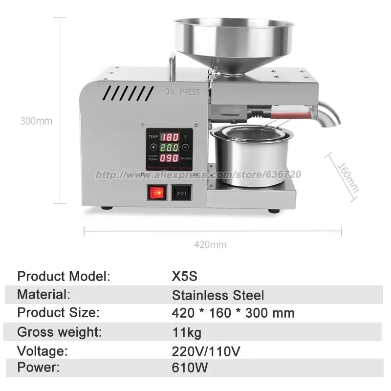 Fully Automatic Oil Press Machine, Stainess Steel Oil Extractor for Flax Peanut Sesame Canola Avocado Coconut Sunflower seeds