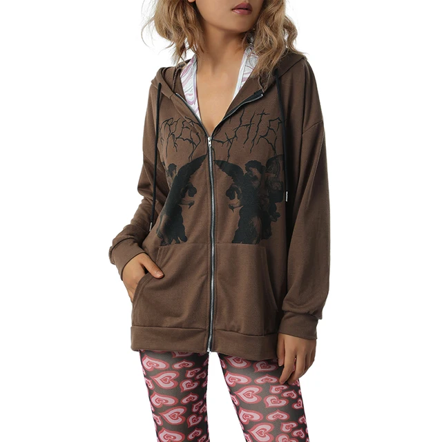 Bebiullo Women Autumn Clothes Angel Print Oversized Hoodie Y2K Zip Up Punk  Sweatshirt Streetwear