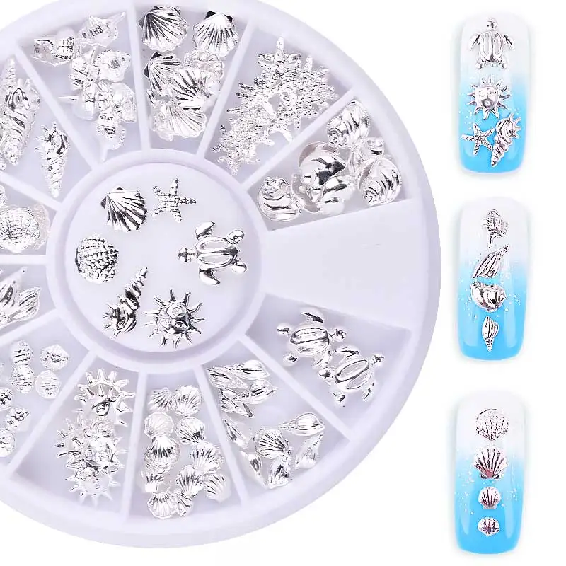 

12 Grids Silver Nail Art Ocean Theme Metal 3D Studs Beads Sea Starfish Shell Hippocampal Slice Flakes Manicure Decorations Wheel