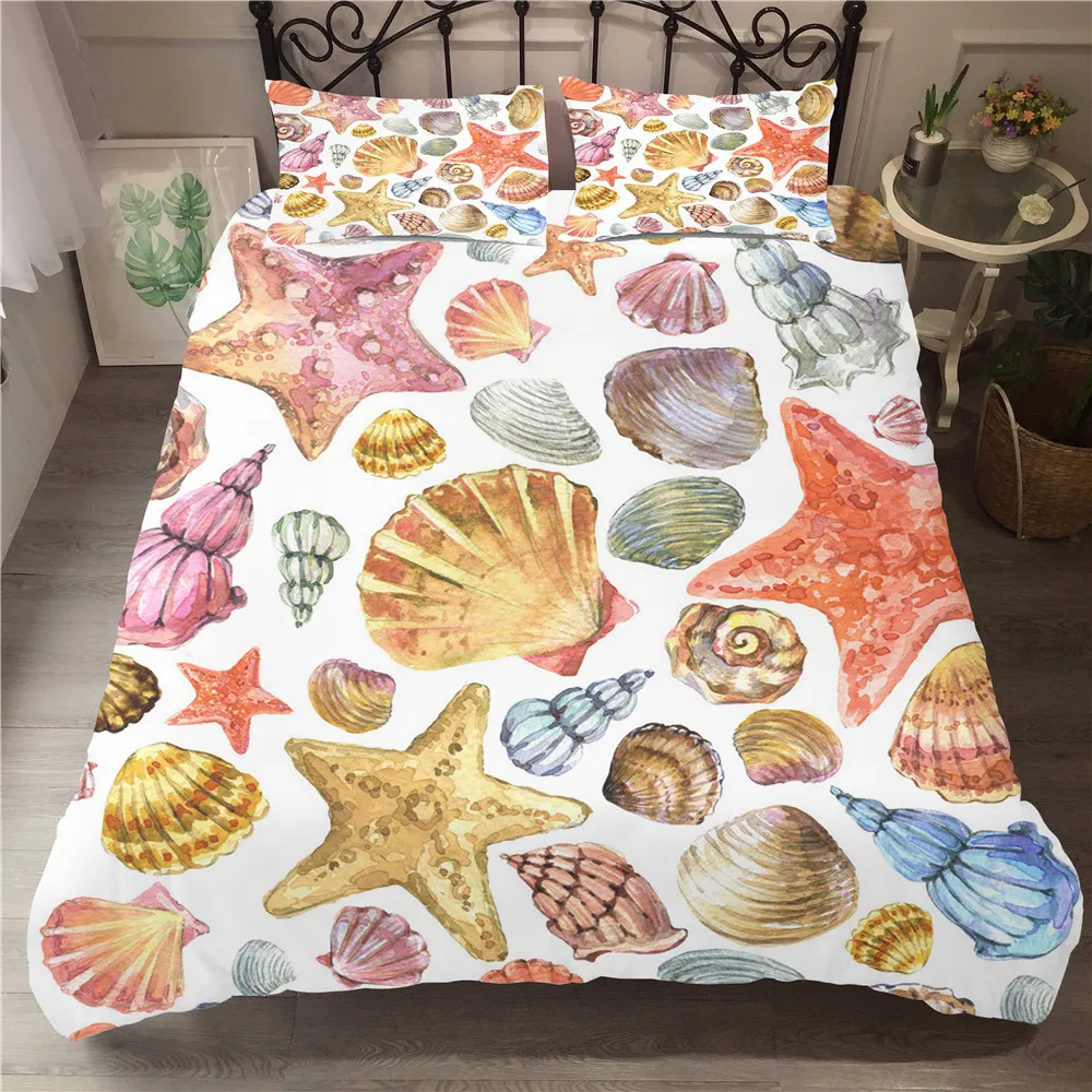 

Bedding Set Luxury Elastic Bedding Cover Sea Shell Printed Home Textiles Cartoon Bed Linen King Single Size with Pillowcase