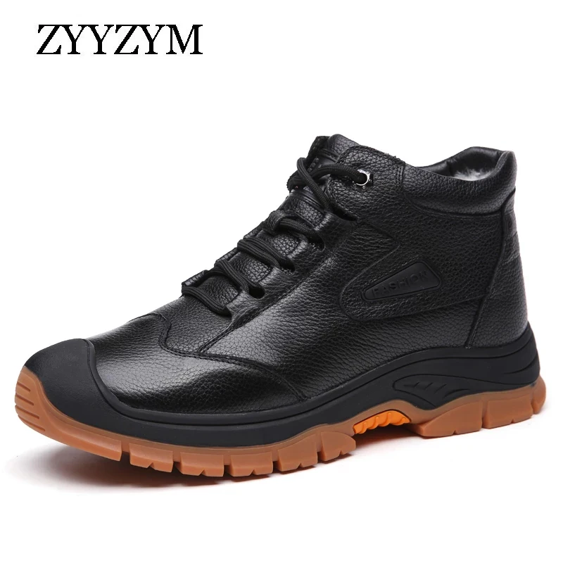 

ZYYZYM Cow Leather Boots Men Winter Lace Up Style Fashion Non-slip Soft Bottom Snow Shoes Ankle Plush Keep Warm Man Boots