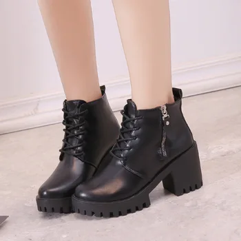 

Autumn And Winter Shoes Female Nice Tide British Wind High Heel Martin Boots Ladies Leather Boots Thick With Short Boots Women