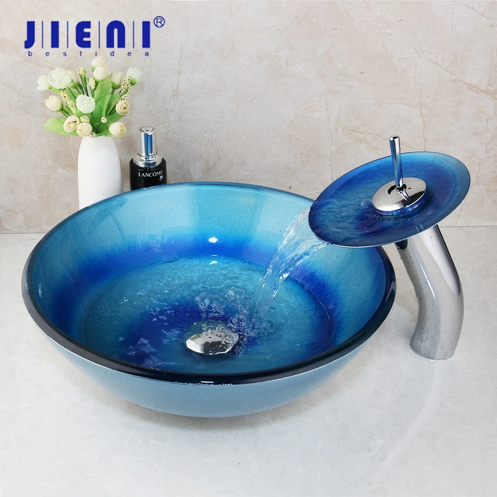 Jieni Blue Sea Tempered Glass Sink Hand Paint Lavatory Deck Mount Basin Tap Bathroom Washbasin Sink Combine Set Mixer Faucet Bathroom Sinks Aliexpress