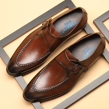 

Dress Shoes Men Vintage Retro Genuine Leather Monk Strap Handmade Waxing Proces Office Formal Party Wedding Oxford Shoe F63