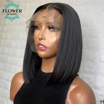 

Short Bob Wigs Brazilian 13*6 Lace Front Human Hair Wigs Straight Remy Hair PrePlucked 130% Natural Black For Women Flowerseason