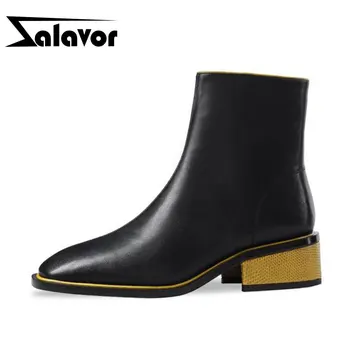 

ZALAVOR Women Ankle Boots Real Leather Fashion Square Toe Winter Autumn Low Heels Shoes Women Zipper Casual Footwear Size 34-39