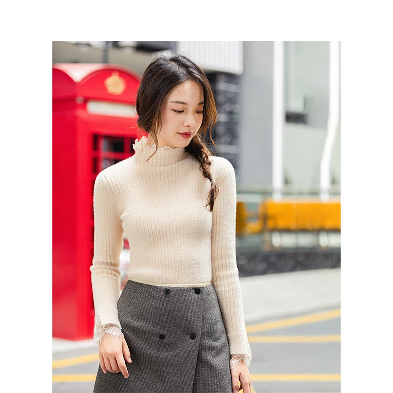 

INMAN Winter Minimalism O-neck Sleeve Split Lace Warm Knitted Women Pullover