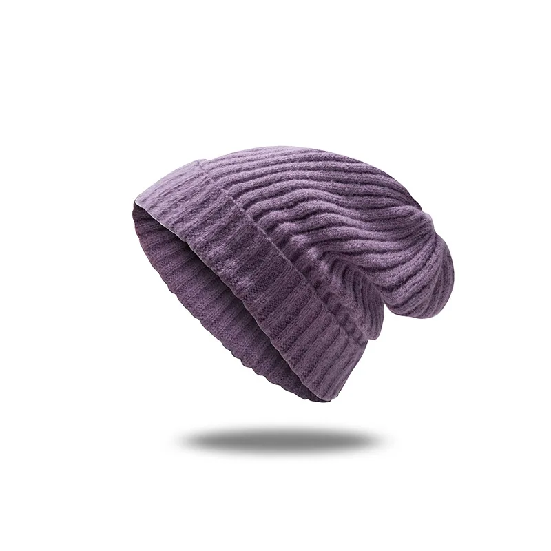 Новая зимняя однотонная шерстяная вязаная шапочка Женская модная повседневная шапка теплая женская мягкая утолщенная шапка, вязаная шапка-носок - Цвет: Фиолетовый
