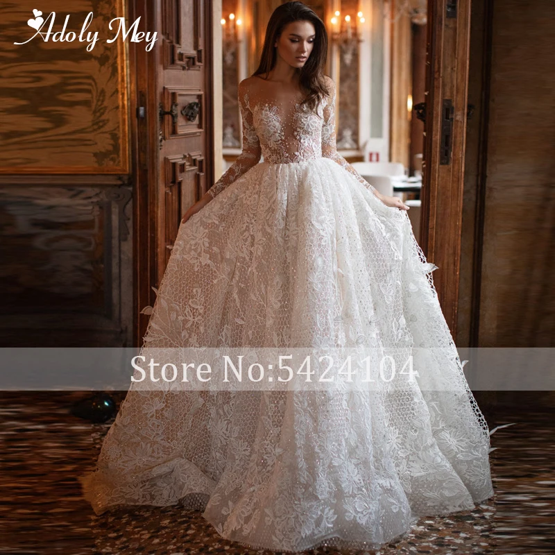 short wedding dresses Adoly Mey Gorgeous Lace Appliques Chapel Train A-Line Wedding Dress 2022 Luxury Scoop Neck Beaded Long Sleeve Vintage Bride Gown ball gown wedding dress