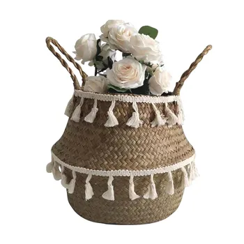 

HAICAR Seaweed Wicker Basket White tassels Literature & art flower pot Folding storage basket Home Decor panier de rangement new