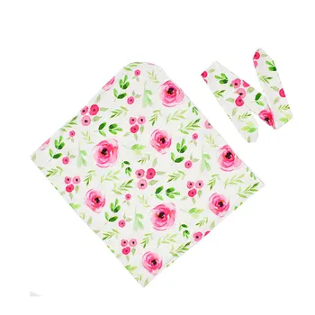 

Girl Boys Gift Newborn Baby Fashion Swaddle Blanket Home Sleeping Daily Wrap For Shower Toddler Headband Set Party Floral Print
