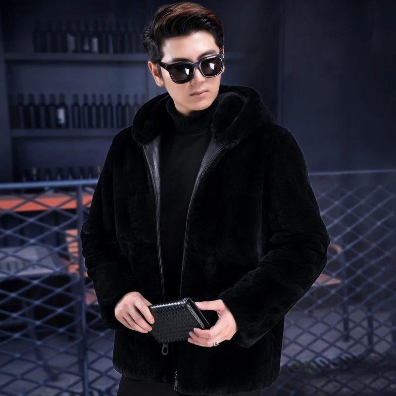 

2019 autumn and winter new men's true rabbit fur coat thickening men's casual fur one fox fur collar collar hooded