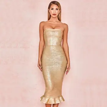 

Women Simple Gold Strapless Tea Length Bodycon Midi Gown Party Wear Dress
