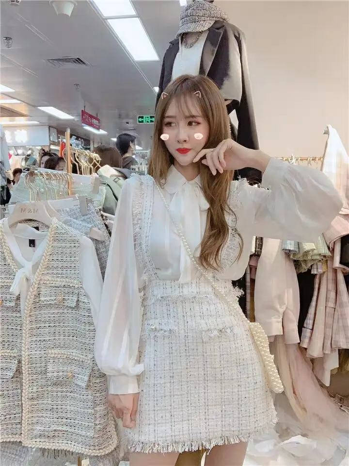 

Sweet Bow Lace-up Solid Color Long-sleeve Blouse Half-length Pleated Suspender Skirt Two-Piece Women's 2019 Early Autumn New Sty