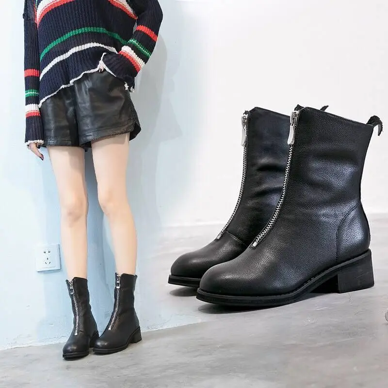 

Season Soft Leather Woman Short Boots England Zipper Boots Thick Cylinder With Increase Keep Warm Boots