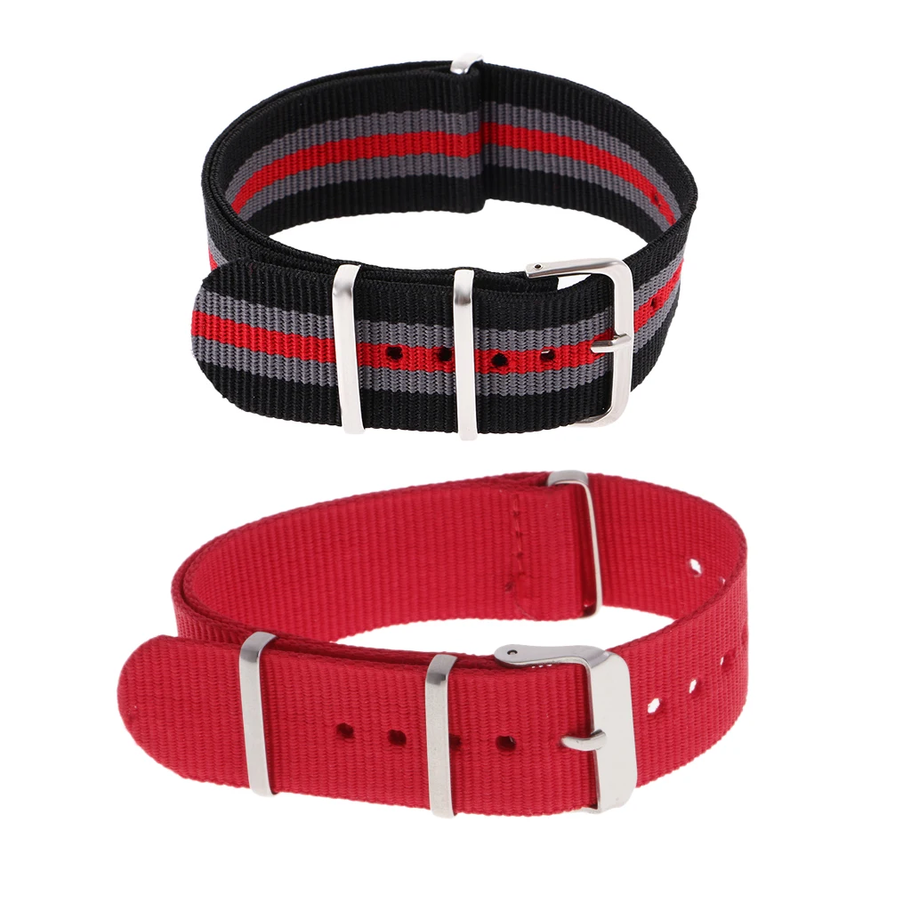 Prettyia 2pcs Mens Red Stripe Woven Nylon Watchband Watch Strap Replacement