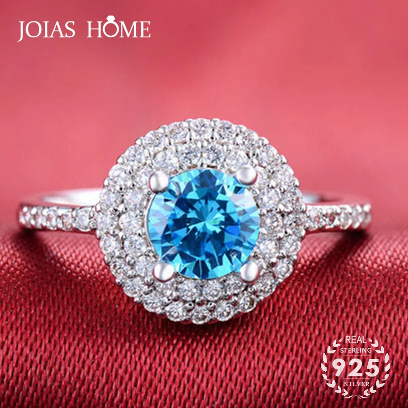 JoiasHome 925 Серебряное кольцо для женщин с круглой формой сапфир драгоценный камень AAA циркон Свадебный подарок Размер 6-10