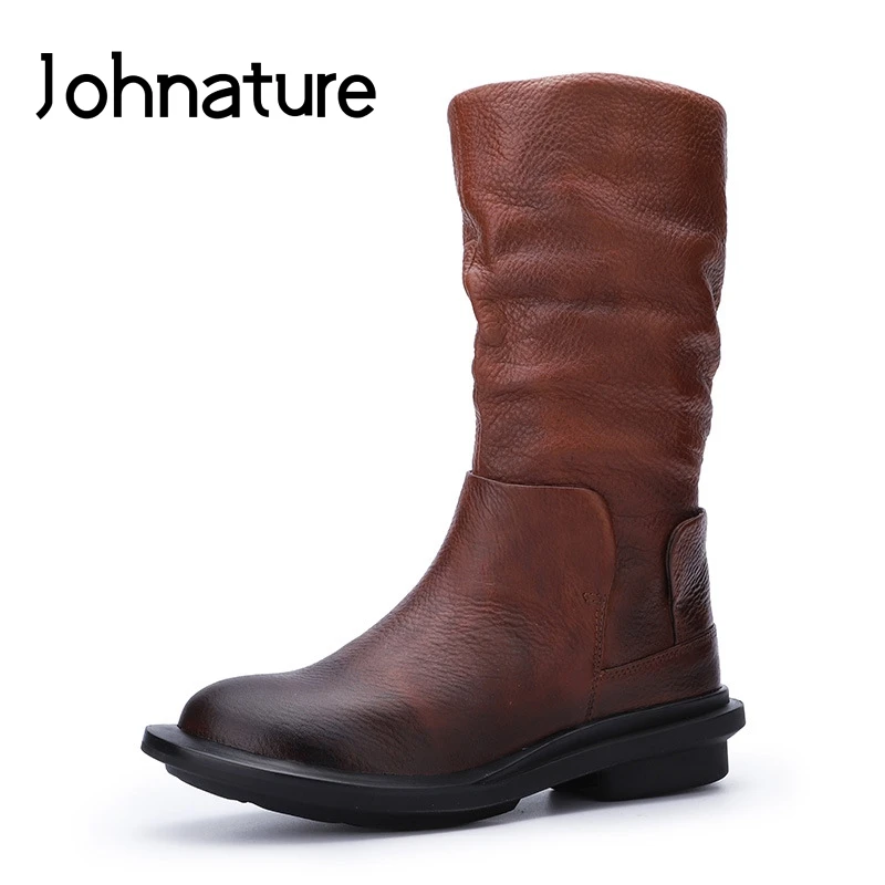 

Johnature Leisure Platform Boots Genuine Leather 2020 New Winter Round Toe Flat With Zip Sewing Concise Handmade Women Shoes