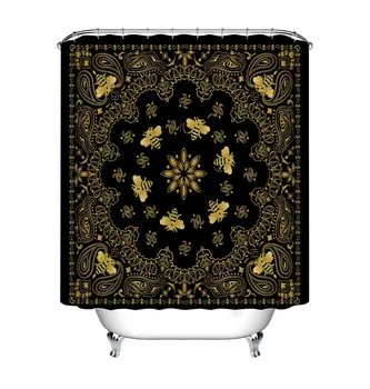 

Gold Paisley Pattern Mandala Shower Curtain Retro Baroque Bees Pattern Ethnic Shower Curtain Set with Hooks Waterproof Fabric