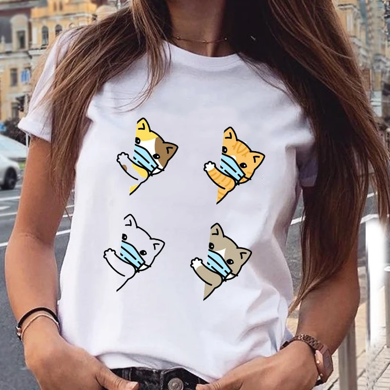 Women Graphic Cat Lovely Animal Fashion Short Sleeve Spring Summer Cartoon Print Female Clothes Tops Tees Tshirt T-Shirt