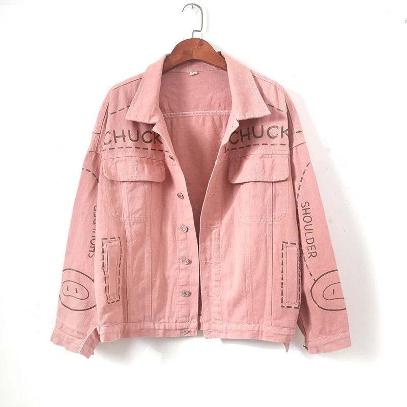 

Bf Style Pink Denim Jacket Women Streetwear Outerwear Autumn Cute Long Sleeve Jean Jackets For Woman Casual Coat