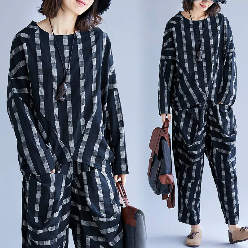 

2020 Spring Loose And Plus-sized Cotton Linen Bat Sleeve Long-sleeved Upper Garment + Harem Pants Two-Piece Set