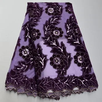 

2020 African high quality velvet sequence French Nigerian sequins net tulle mesh Swiss lace fabric for dress 5yards/lot Purple