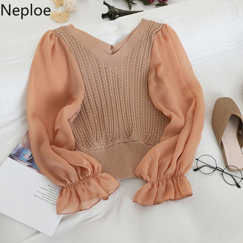 Neploe Fashion Patchwork Mesh Blouse Women V Neck Knit Flare Long Sleeve Blusas Autumn Spring New Slim Shirt Elegant 47108