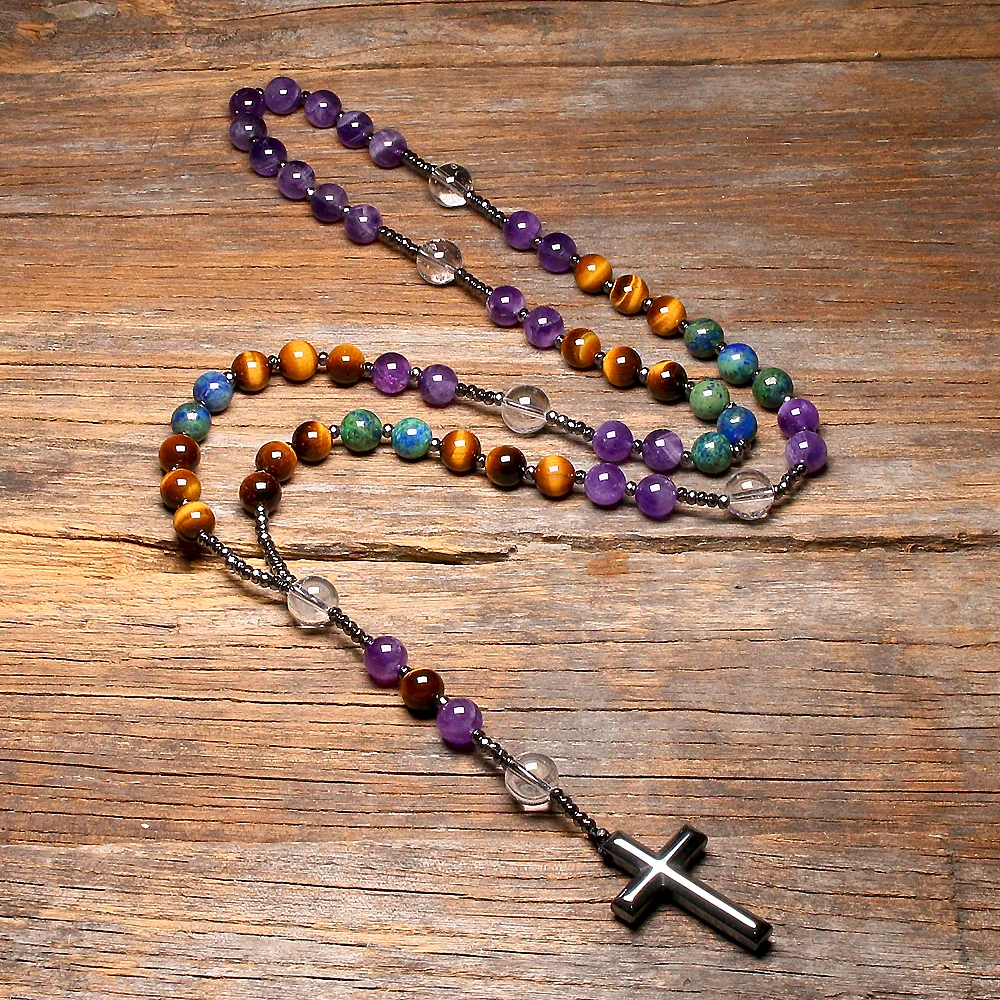 Natural Amethyst Catholic Christ Rosary Necklaces For Women Men Tiger Eye Hematite Cross Pendant Meditation Mala Jewelry