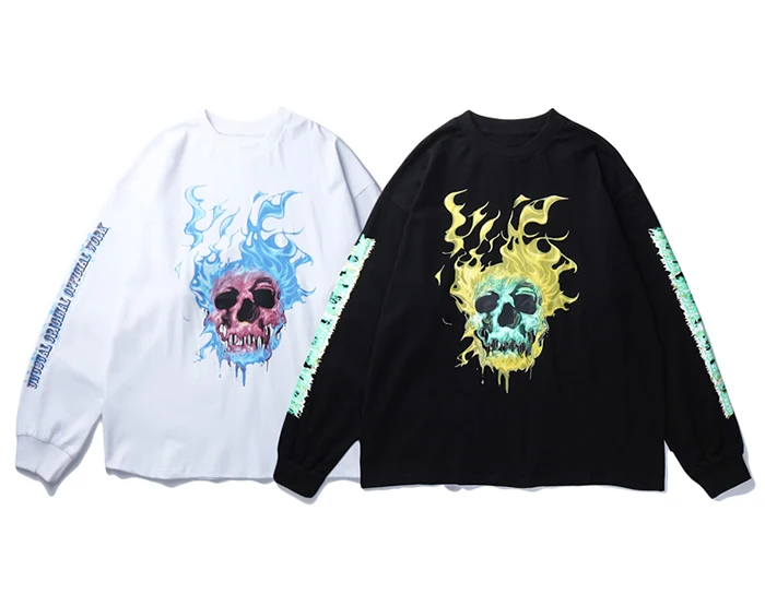 Aelfric Eden Fire Skull, Мужская футболка с принтом,, уличная одежда, хип-хоп, свободные топы, футболки, Harajuku, модные, повседневные, хлопковые, с длинным рукавом