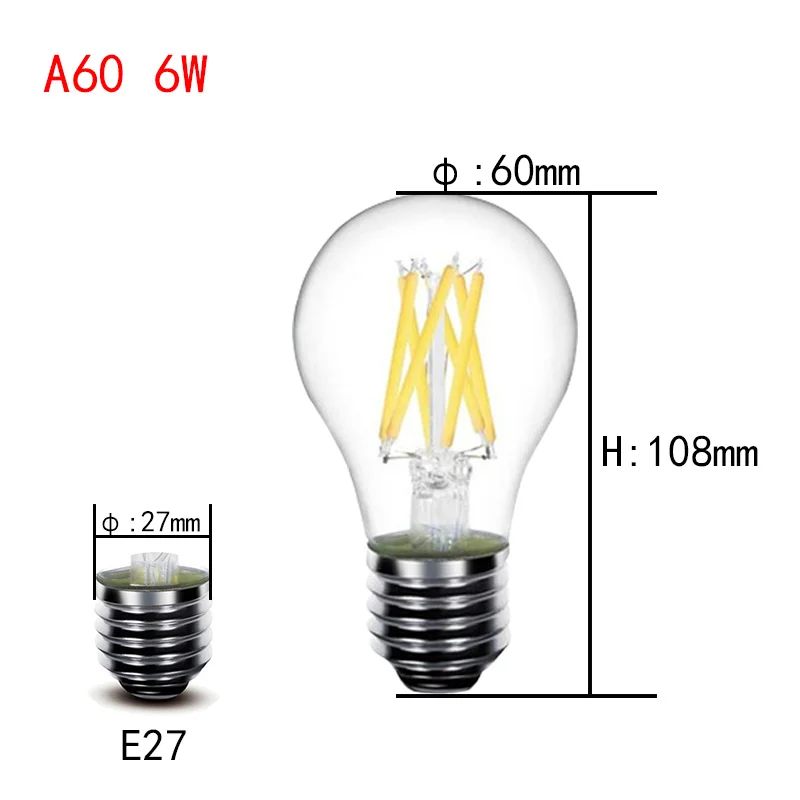 E27 светодиодный светильник лампа A60 2 Вт 4 Вт 6 Вт 8 Вт стеклянная лампа с нитью накаливания 5 Вт 7 Вт 9 Вт 12 Вт 15 Вт 18 Вт 220 В PC теплая белая винтажная лампа Эдисона - Испускаемый цвет: A60 6w 220v