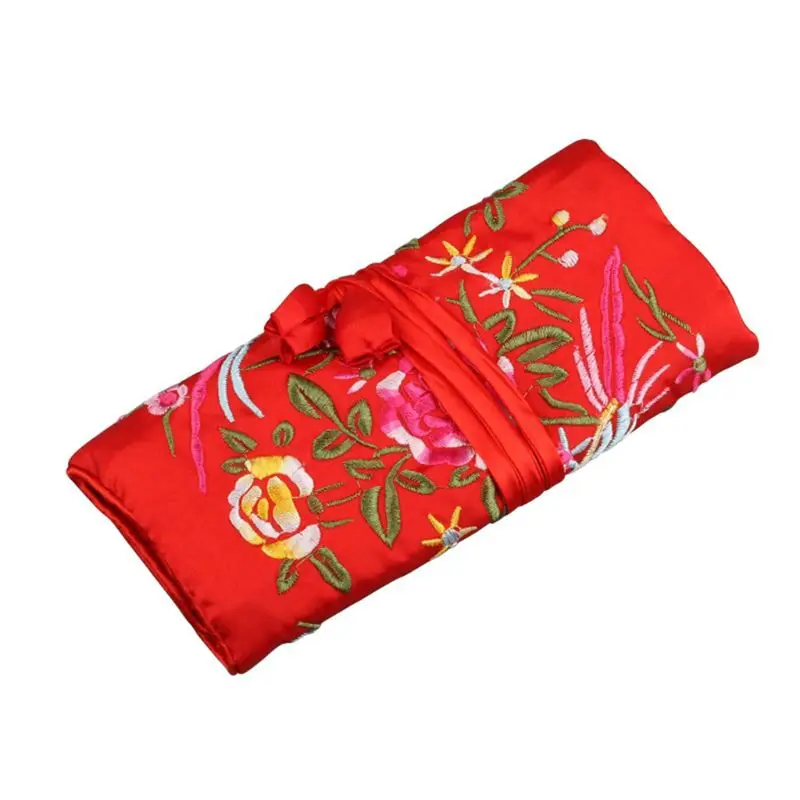 Oriental Silk Jewellery Roll Wrap Jewelry Pouch Organizer Travel Storage Case - Цвет: Красный