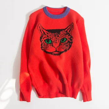 

New 2020 spring autumn tide net red cat head long sleeve sweater women's popular loose gold silk bright silk knitted pullover