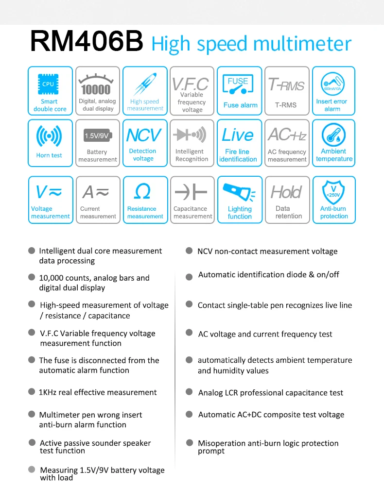 RM406B Цифровой мультиметр тестер емкость быстрая скорость DC 10000 отсчетов multimetro цифровой профессиональный анти-ожога сигнализация