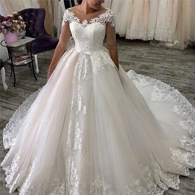 

2020 Ball Gown Wedding Dresses Lace Appliques Sheer O-Neck Corset Back Bridal Gowns Bride Dress Vestido de Noiva Robe De Mariee