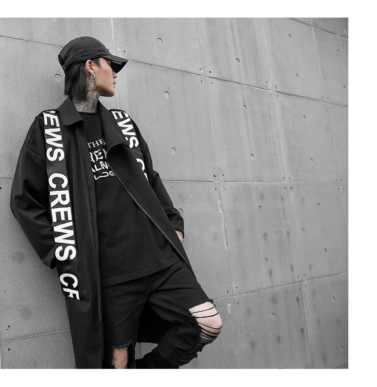 Male Streetwear Hip Hop Gothic Casual Windbreaker Outerwear Men Long Style Letter Ribbon Splice Loose Black Trench Coat Jacket