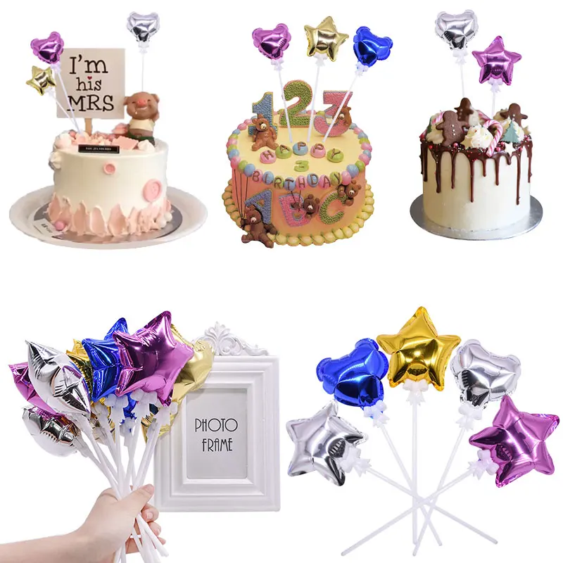2/5pc Mini Foil Heart Star Balloon Cake Topper For Birthday Party Baby Shower Favors Wedding Cake Flag Decoration Balloon Topper