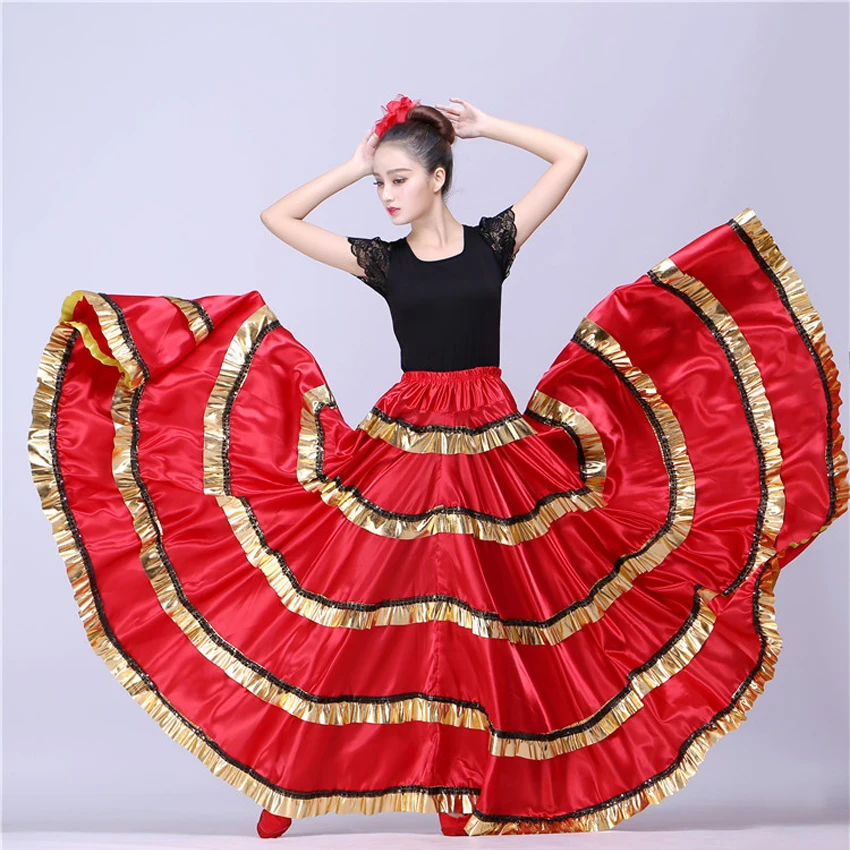 Women Flamenco Skirt Polyester Satin Carnival Party Ballroom Belly Dance Costumes Dress