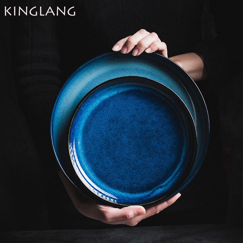 KINGLANG 일본 가마 유약 딥 블루 디너 플레이트, 스테이크 접시, 8 인..