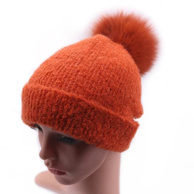 Orange - Fox Fur Зимние Головные уборы Skullies шапки для Для женщин Винтаж вязаная шерсть альпаки Женская бини шапки с реальным помпон из лисьего меха Gorro; теплый лыжный девушка Шапки - Цвет: Orange - Fox Fur