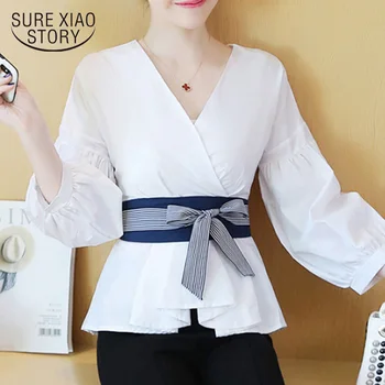 

Long Sleeve V-neck Blouses Woman 2019 Autumn Fashion Women Chiffon Blouses Bow Striped Elegant Women Tops Women Clothing 5559 50