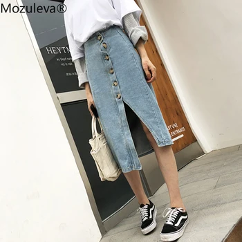 

Mozuleva Summer Vintage Front Button Jean Skirt Women Basic High Waist Side Split Denim Skirt Female Irregular Mid-length Skirt