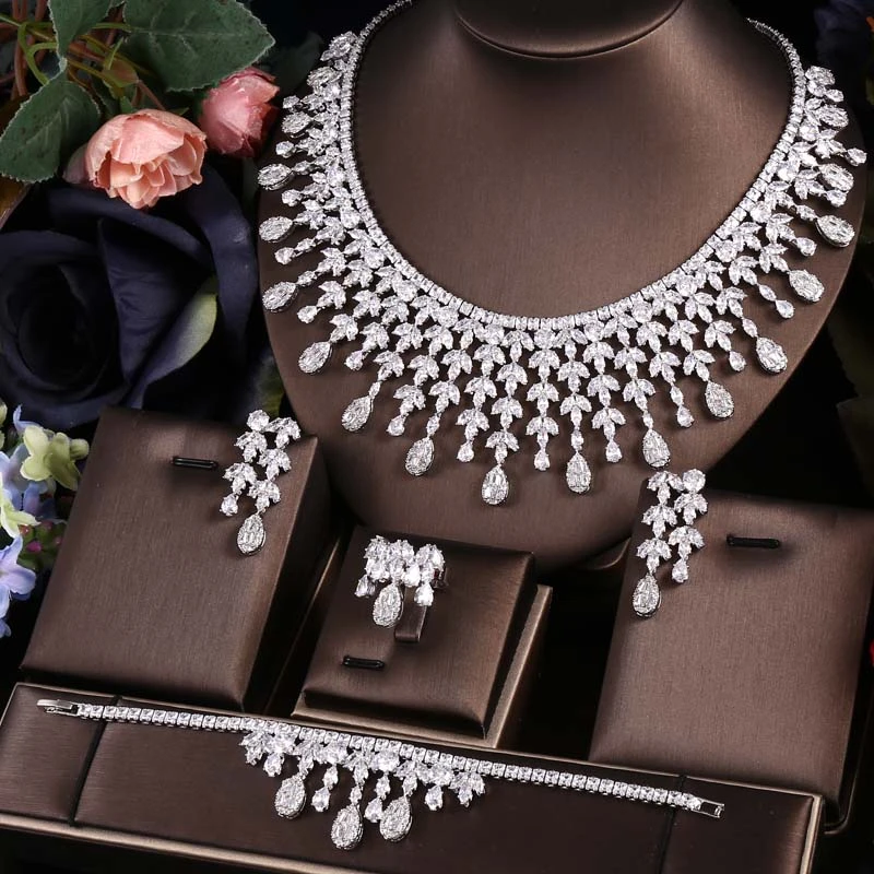 Janekelly 4pcs Bridal Zirconia Full Jewelry Sets For Women Party, Luxury Dubai Nigeria CZ Crystal Wedding necklace sets