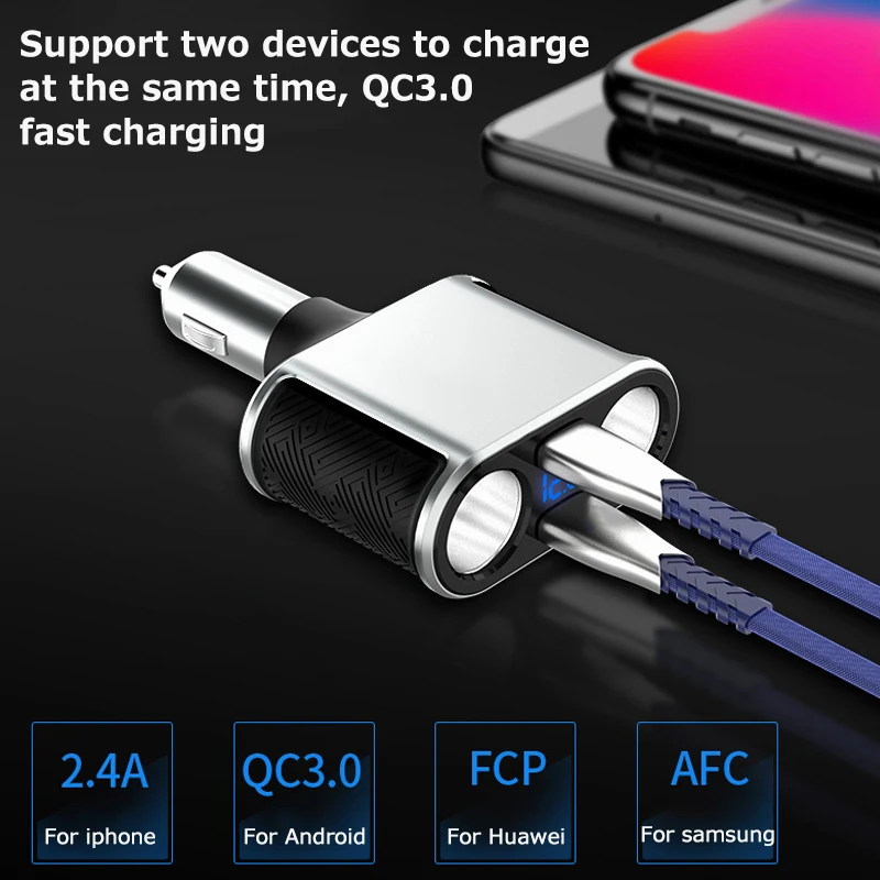 Двойной USB 2 способа розетка для автомобильного прикуривателя сплиттер адаптер QC3.0 быстрое зарядное устройство для 12-24 В автомобиля с сенсорным переключателем