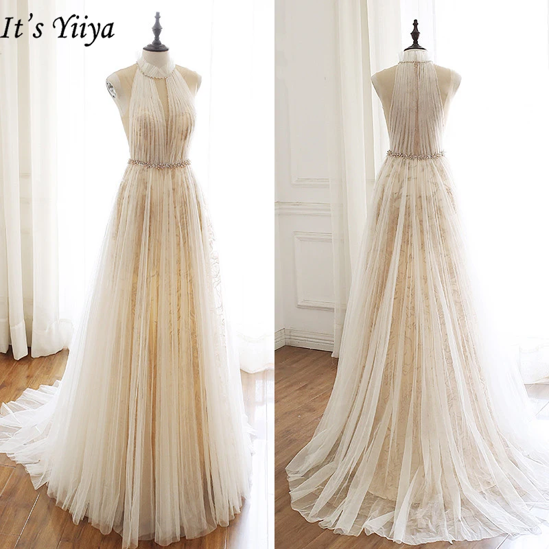 

It's Yiiya Evening Dress 2019 Crystal Lace Sleeveless Halter Elegant A-Line Dresses Fashion Princess Train Robe de Soiree E929