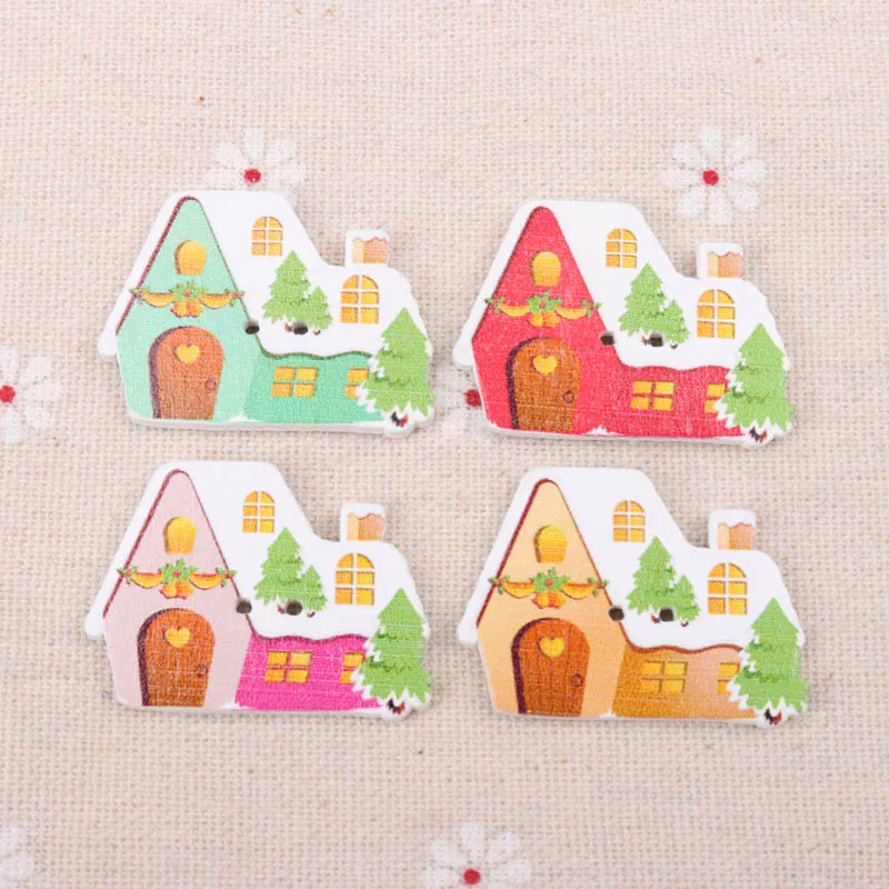 

Wooden Christmas House Pattern Buttons 2 Holes Scrapbook Collection Handmade Sewing Home Decoration DIY 25x34mm 10pcs