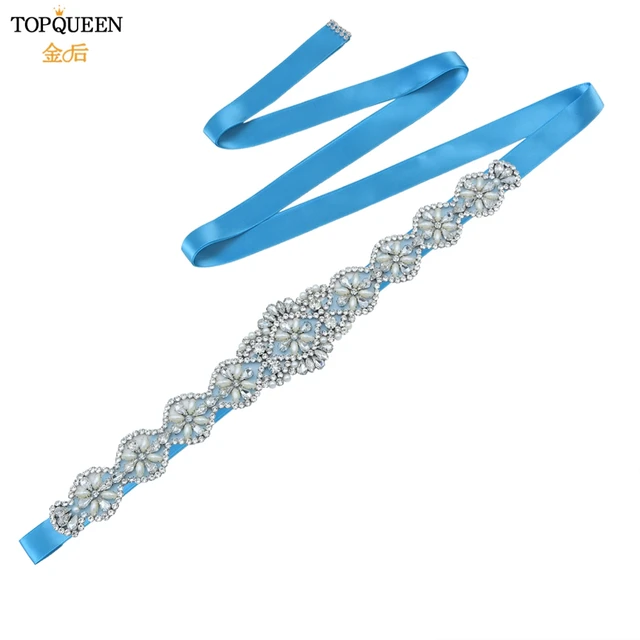 TOPQUEEN S161 Bridal Belts Wedding Women Jewelry Silver Rhinestone Pearl Crystal for Sparkly Party Formal Dress Diamond Sash Blue Ribbon