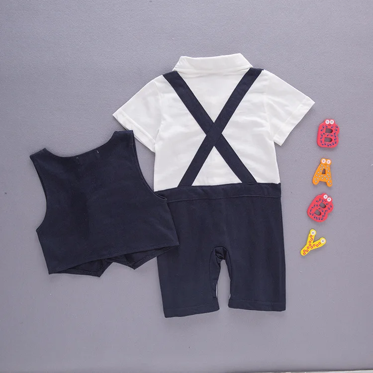 

Infant Gentleman Formal Dress Set Summer BOY'S Sleeve Crawling Clothes Waistcoat 2 Pieces Baby Suspender Strap One-piece Romper