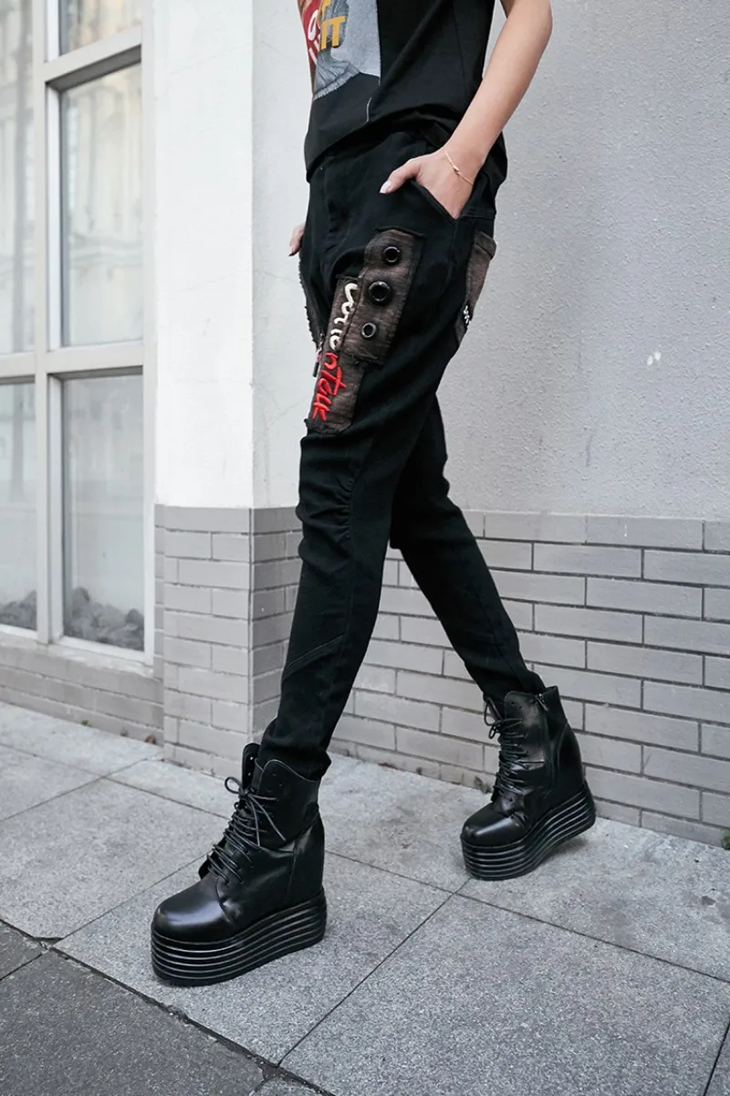 Женские штаны для бега в стиле панк с вышитыми буквами и дырками; эластичные брюки для бега; уличная одежда; длинные брюки; Pantalones De Mujer